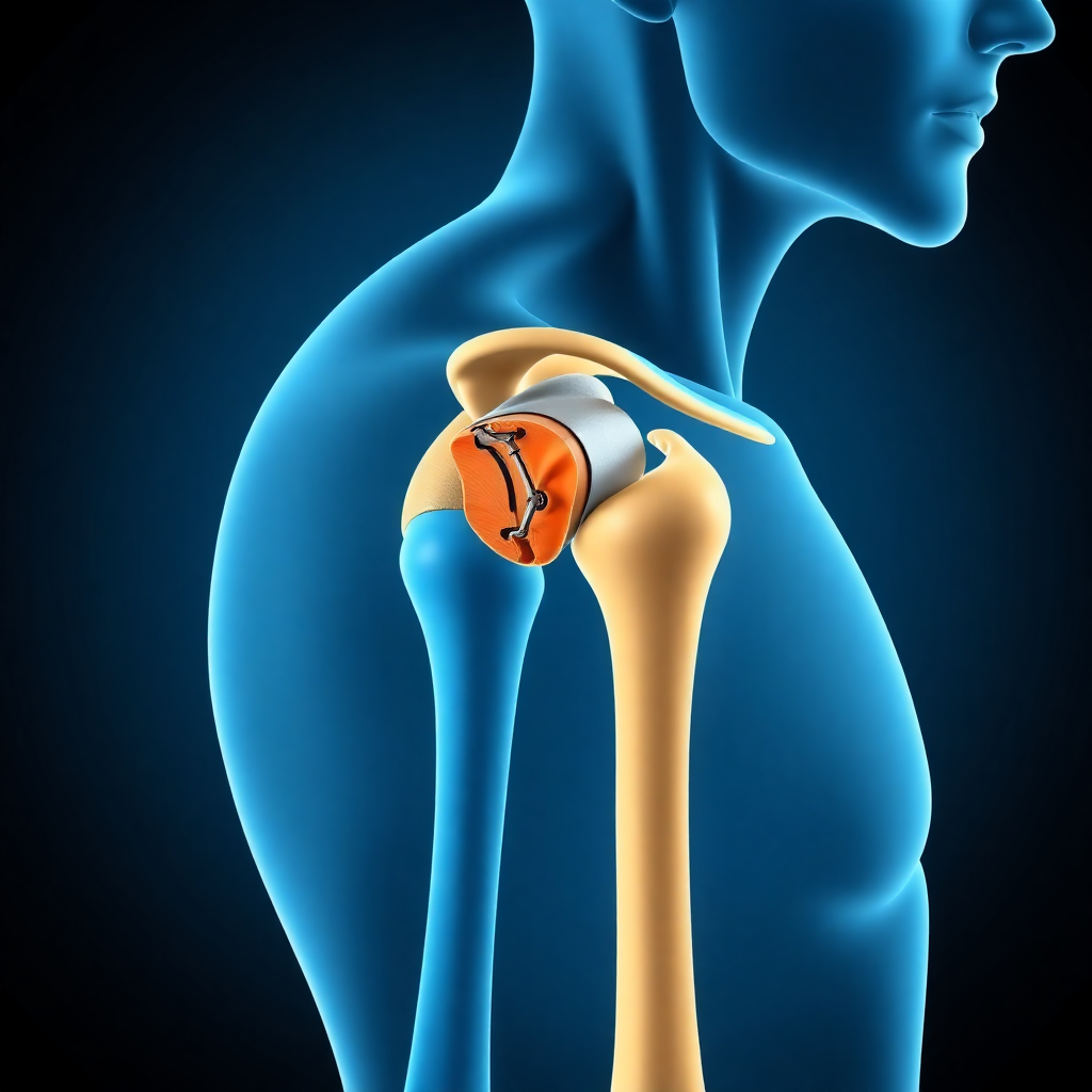 Shoulder joint with surgical repair and implant