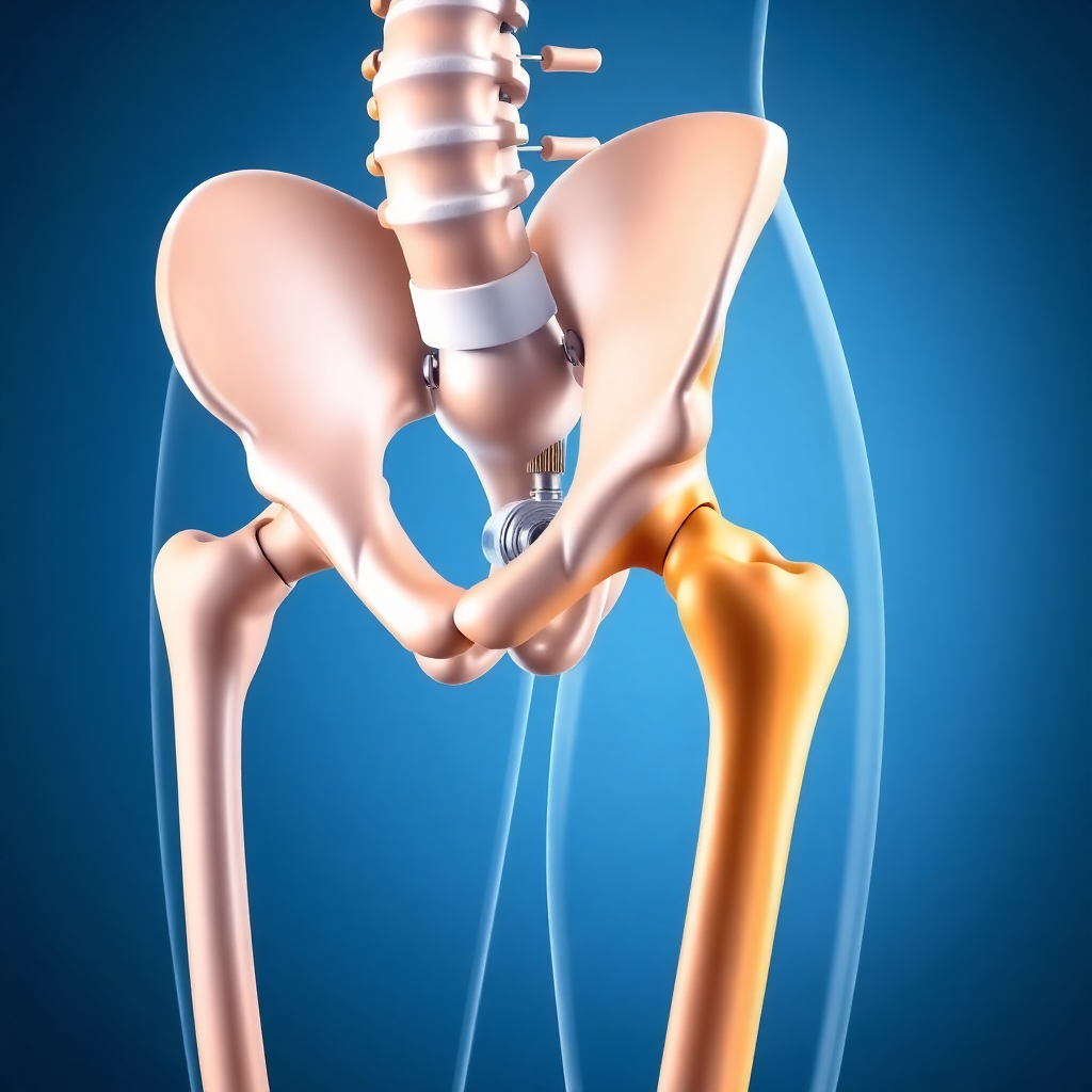 Artificial hip joint replacement illustration